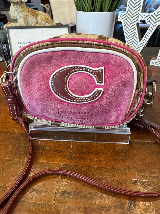 Coach Handbags - Coach Vintage Pink Suede and Signature Canvas Crossbody Bag